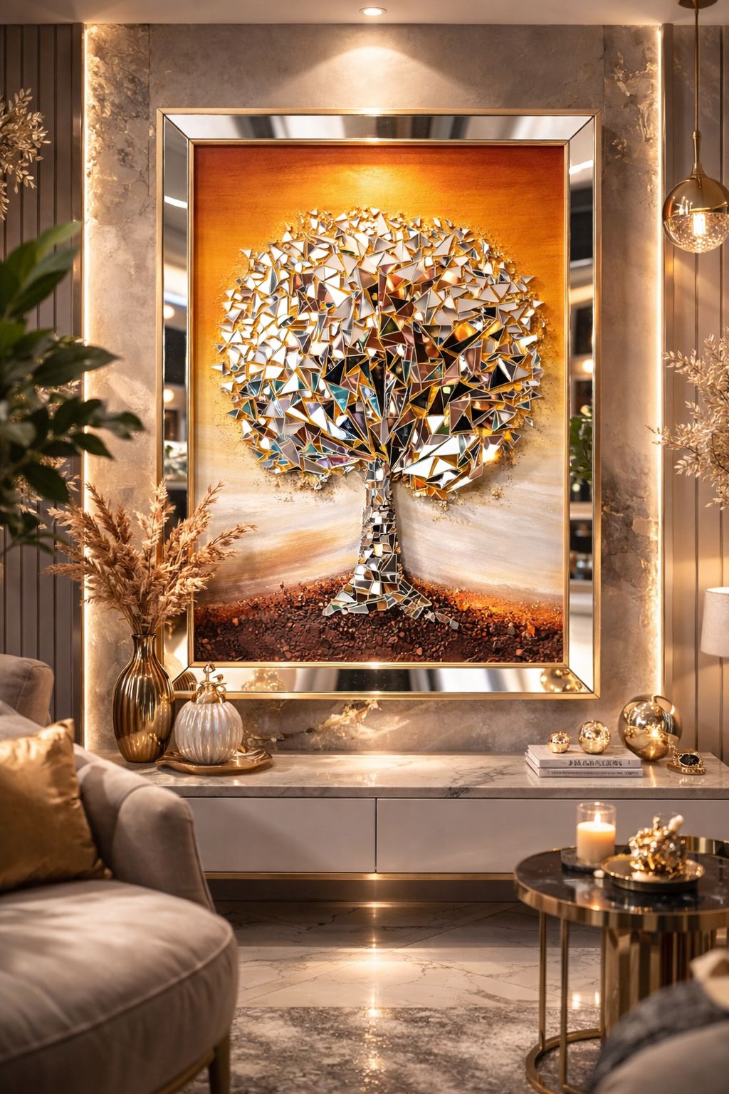 60x90 Mozaik Ayna Tablo Ağaç